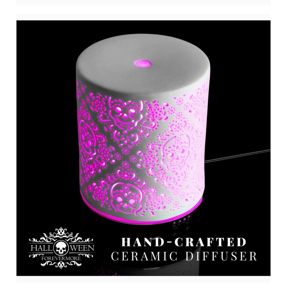 Halloween Forevermore Ceramic Essential Oil Diffuser Damask Skull White LED
